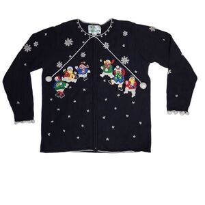 VINTAGE 90s Quaker‎ Factory snowman snowflake zip up cardigan sweater L